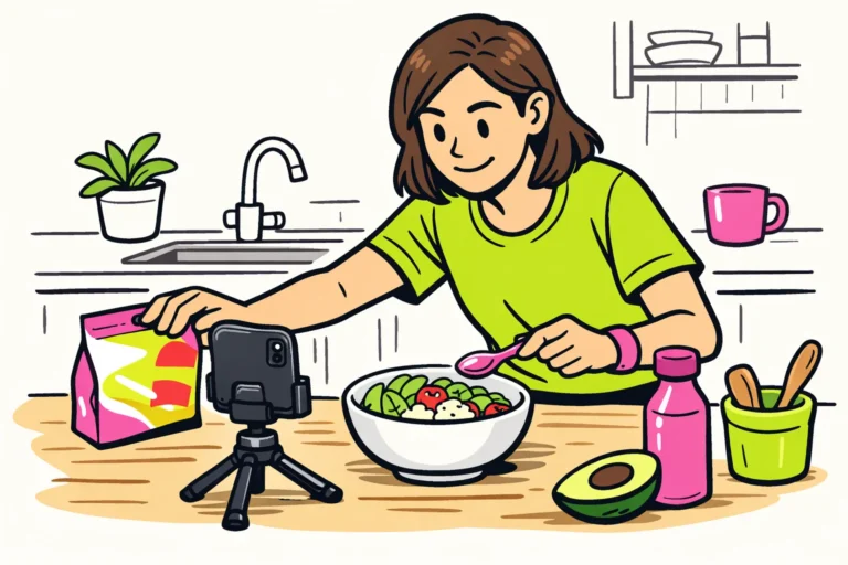 Persoon filmt een zelfgemaakte lunch met een smartphone voor een Instagram bericht.