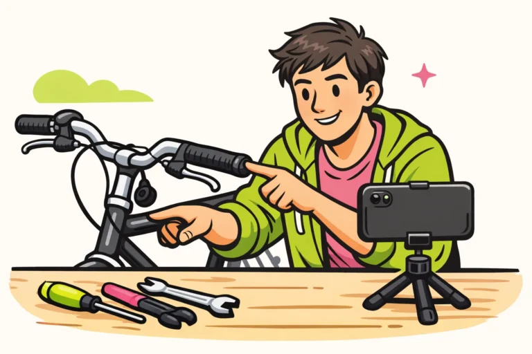 Een persoon filmt met een telefoon hoe je het handvat van een fiets vervangt.