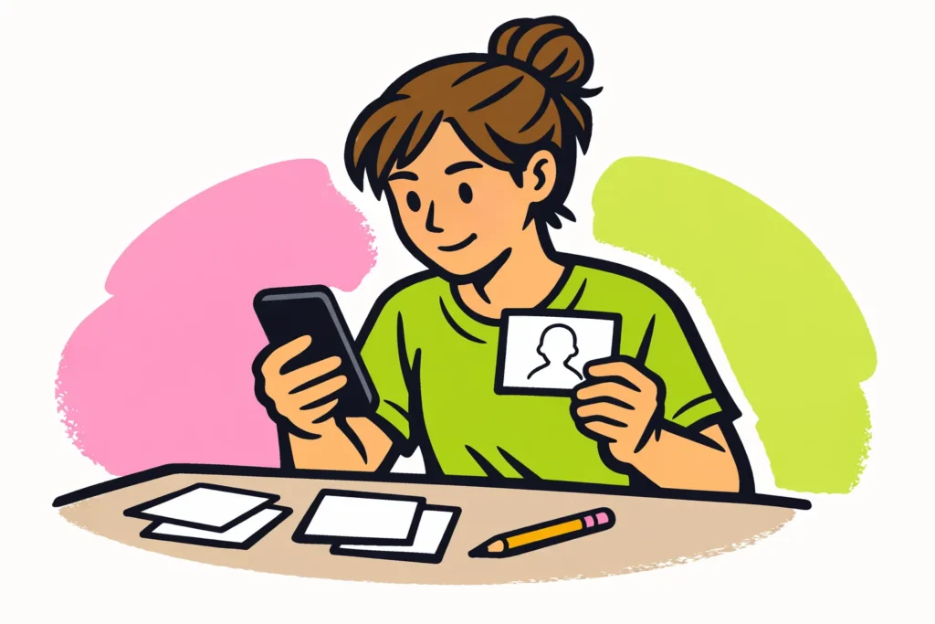 Persoon die profielgegevens aanpast op een smartphone met profielkaartjes op tafel.