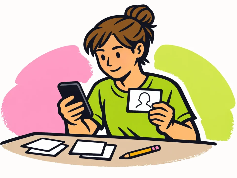Persoon die profielgegevens aanpast op een smartphone met profielkaartjes op tafel.