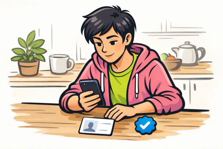 Illustratie van iemand die met een telefoon en identiteitskaart een Instagram verificatie voorbereidt.