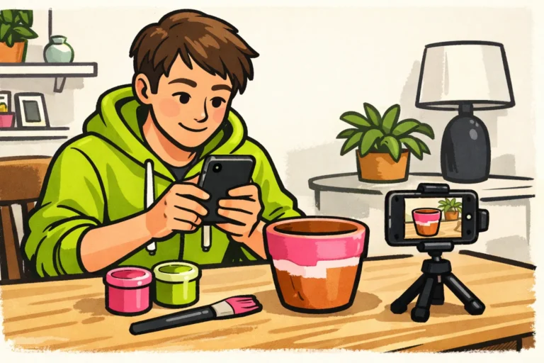 Persoon met een smartphone die een eigen video van een beschilderde plantenpot klaarzet om te delen.