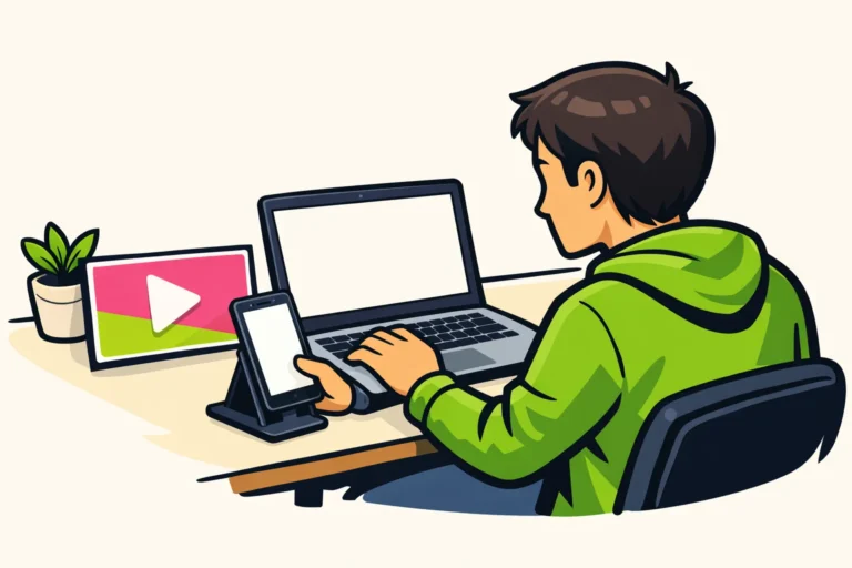 Persoon die op een laptop een video op een website plaatst en de weergave op een telefoon controleert.