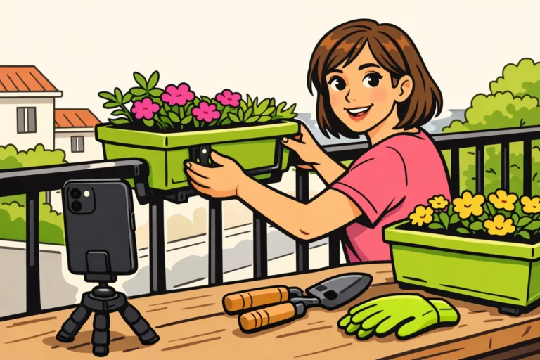 Een persoon filmt met een telefoon op statief hoe je een plantenbak aan een balkonreling bevestigt.