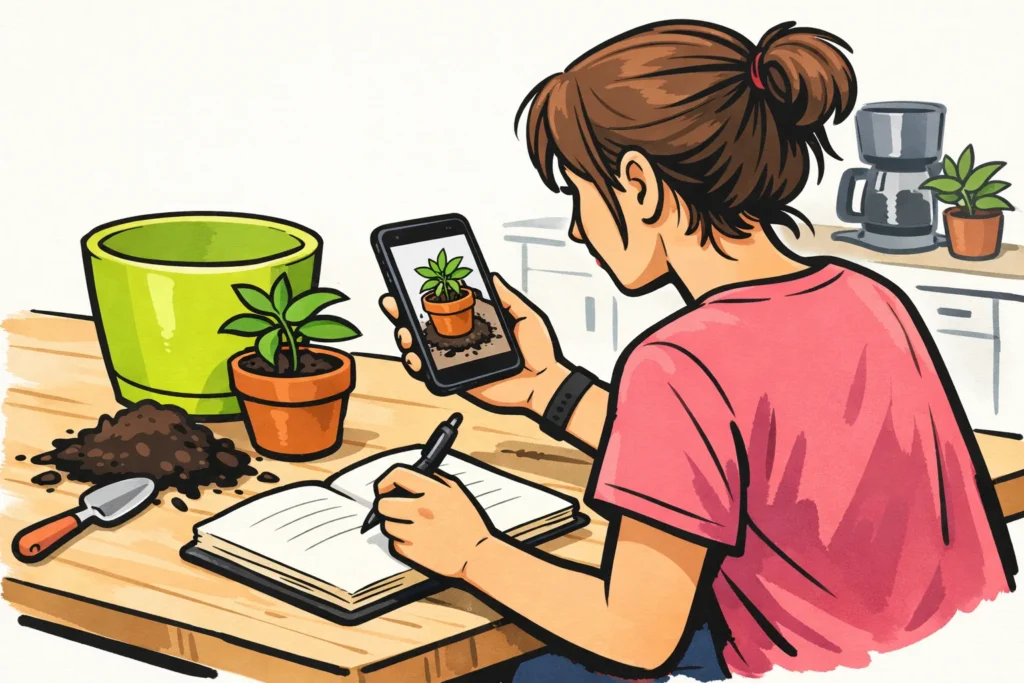Persoon bekijkt een video over het verpotten van een plant en maakt notities aan de keukentafel.