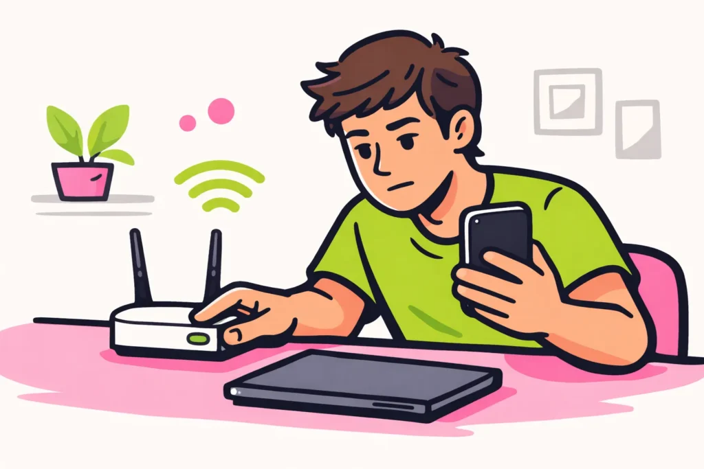 Persoon controleert een smartphone en start de router opnieuw bij een verbindingsprobleem met TikTok.