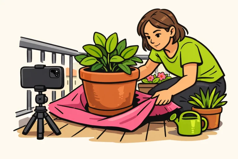 Een persoon filmt op een balkon hoe een grote plantenpot op een doek wordt verplaatst.