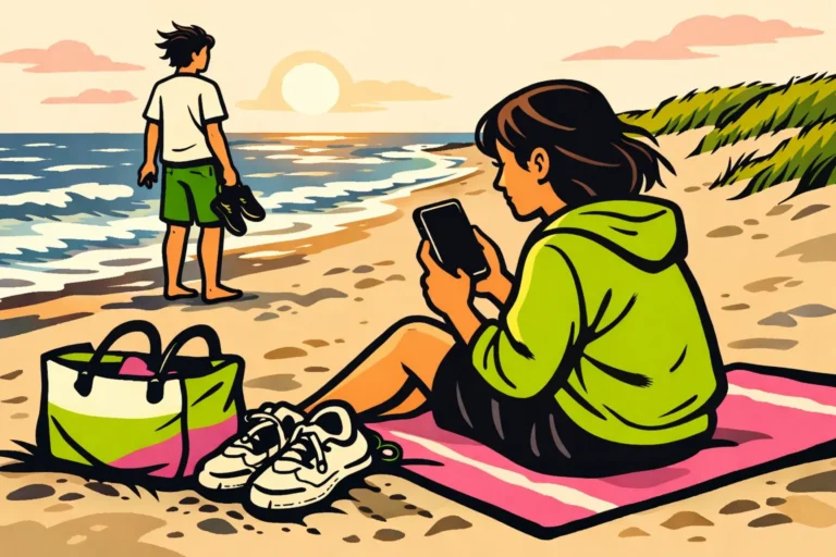 Illustratie van iemand die op het strand een foto op de telefoon bekijkt, met een vriend aan de waterlijn.