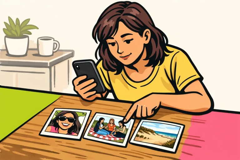 Persoon met een smartphone die een foto kiest uit een selfie, een vriendenfoto en een strandfoto.