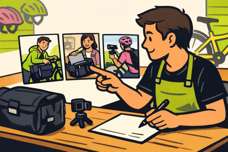Winkeleigenaar vergelijkt videomakers voor een samenwerking over fietstassen.