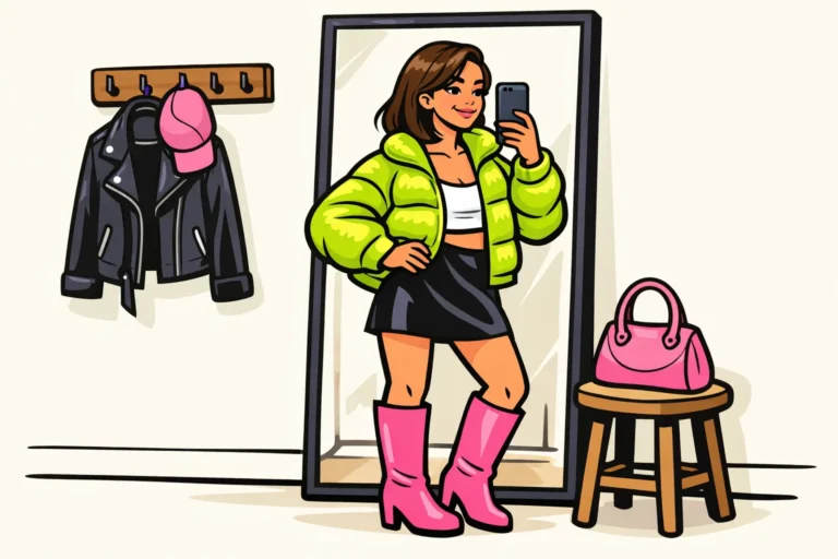 Persoon in een limekleurige jas en roze laarzen maakt een outfitselfie voor de spiegel.