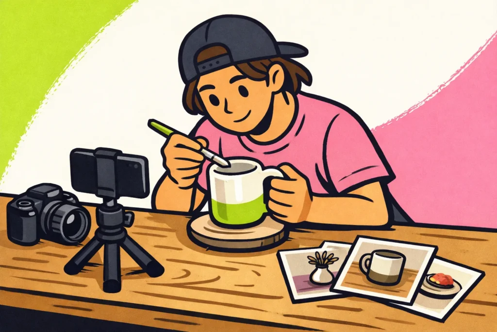Maker filmt een keramieken mok voor sociale media, met productfoto’s naast de werktafel.