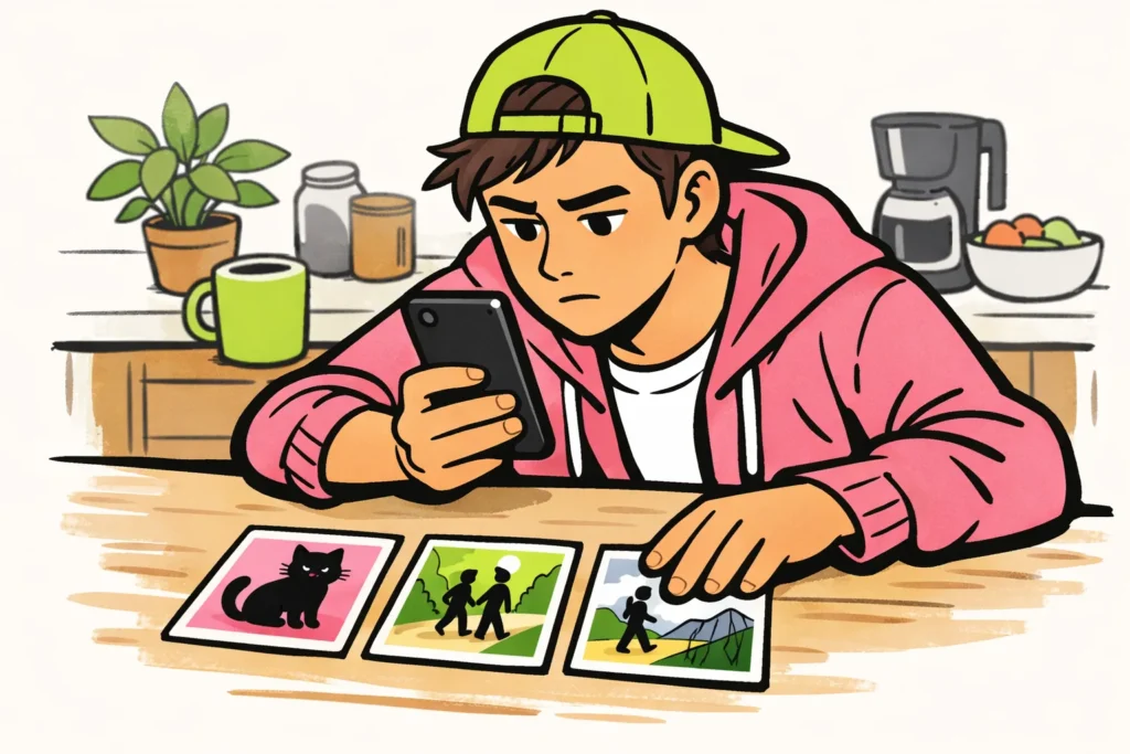 Persoon controleert een telefoon en vergelijkt kaartjes van eigen video's aan de keukentafel.