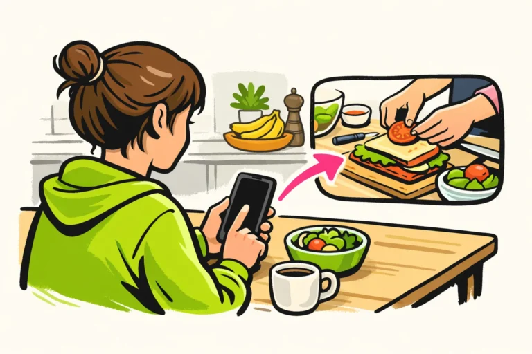 Illustratie van iemand die aan de keukentafel een kookvideo op een smartphone verder deelt.