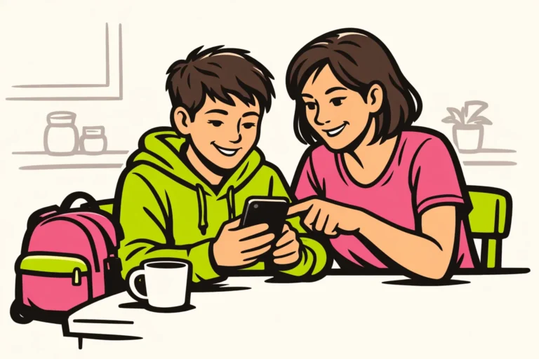 Een ouder en tiener bekijken samen een telefoon en bespreken veilig gebruik van TikTok.