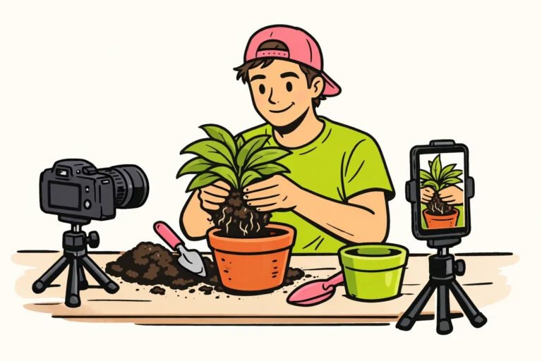 Maker filmt het verpotten van een plant met een horizontale camera en een rechtopstaande telefoon.