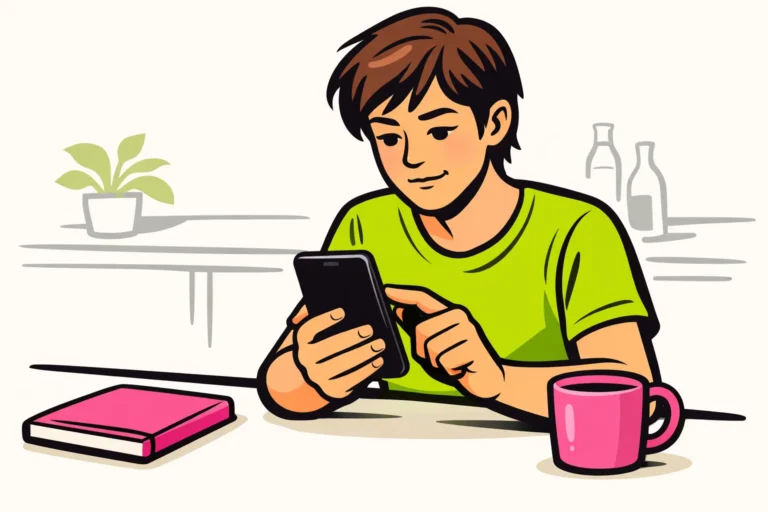 Persoon aan een keukentafel die een smartphone opnieuw opstart omdat TikTok blijft sluiten.