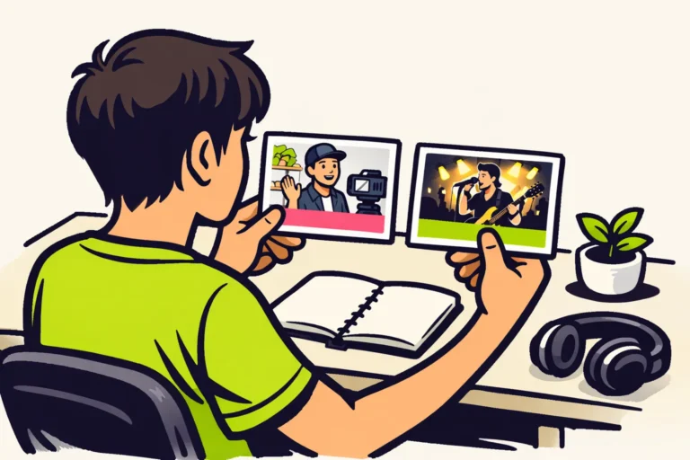 Een persoon vergelijkt kaarten van een videomaker en een muziekoptreden aan een bureau.