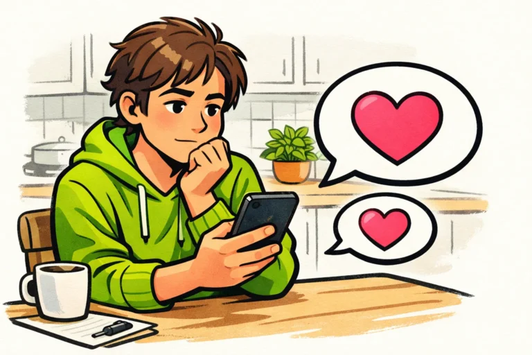 Persoon bekijkt een telefoon, met twee spreekballonnen van verschillend formaat ernaast.