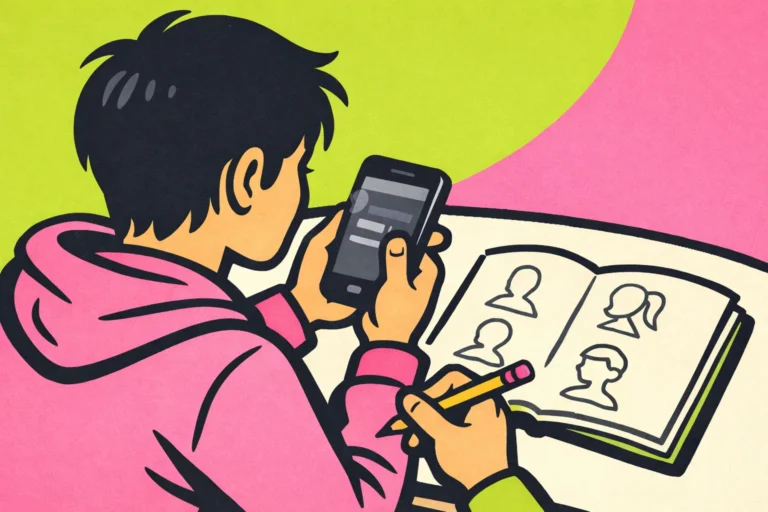 Persoon met een smartphone en notitieboek die een nieuwe TikTok gebruikersnaam voorbereidt.