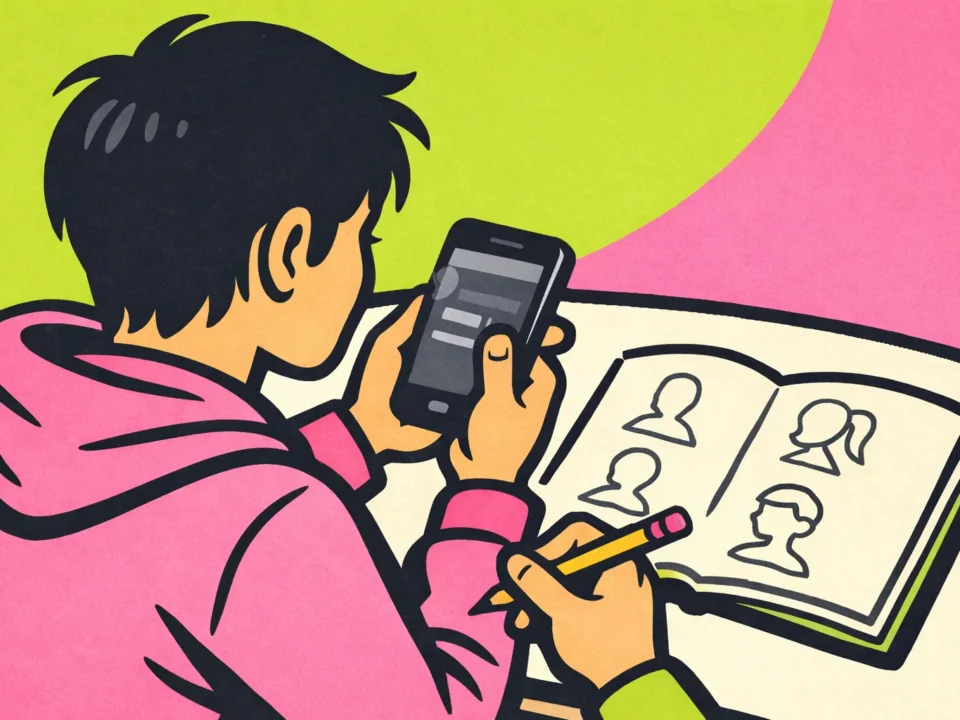 Persoon met een smartphone en notitieboek die een nieuwe TikTok gebruikersnaam voorbereidt.