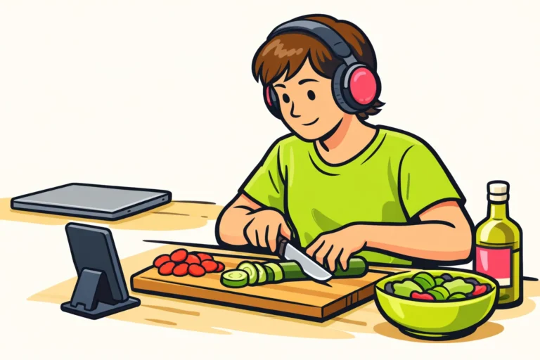 Persoon luistert met een koptelefoon naar een telefoon tijdens het koken.