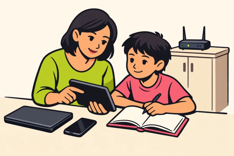Een ouder stelt een tablet in terwijl een kind aan tafel schoolwerk maakt.