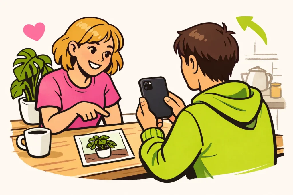Persoon met een smartphone overlegt met de maker over het delen van een foto van een kamerplant.