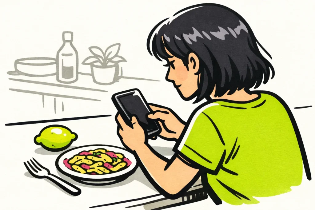 Persoon zoekt op een telefoon naar een eerder bekeken kookvideo, met citroen en pasta op tafel.