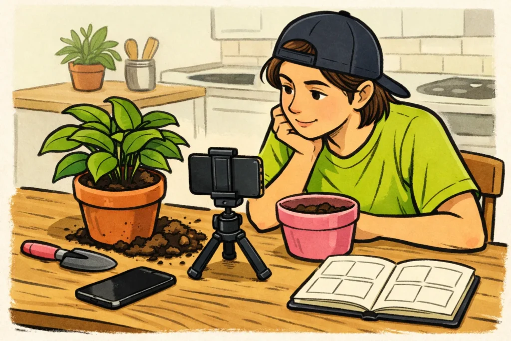 Persoon filmt het verpotten van een kamerplant met een smartphone voor een korte video.