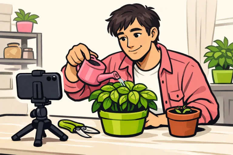 Een maker filmt met een smartphone hoe je een basilicumplant verzorgt.