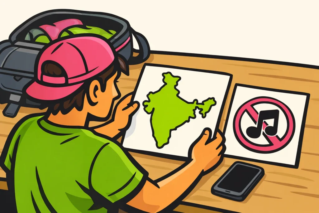 Illustratie van een reiziger met een telefoon, een kaart van India en een verbodssymbool voor korte video's.