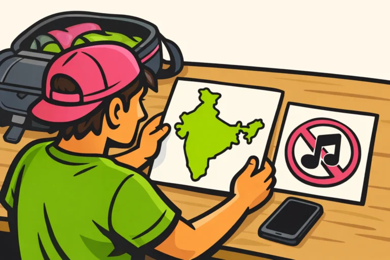 Illustratie van een reiziger met een telefoon, een kaart van India en een verbodssymbool voor korte video's.