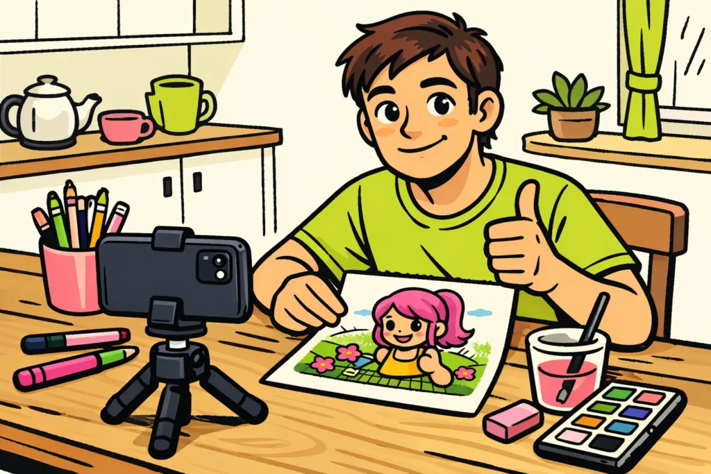 Een maker filmt een tekenvideo met een smartphone en steekt een duim op naast de tekening.