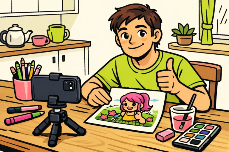 Een maker filmt een tekenvideo met een smartphone en steekt een duim op naast de tekening.