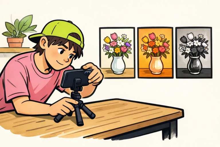 Persoon filmt bloemen met een smartphone en vergelijkt een natuurlijke, warme en zwartwitte beeldstijl.