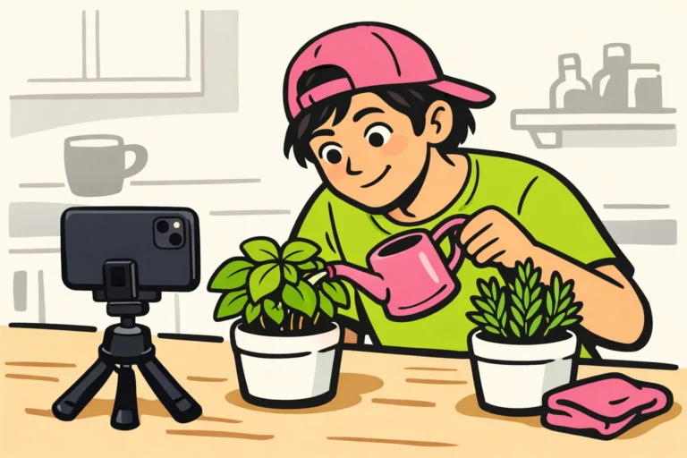 Persoon filmt met een telefoon een korte video over het water geven van een kruidenplant.
