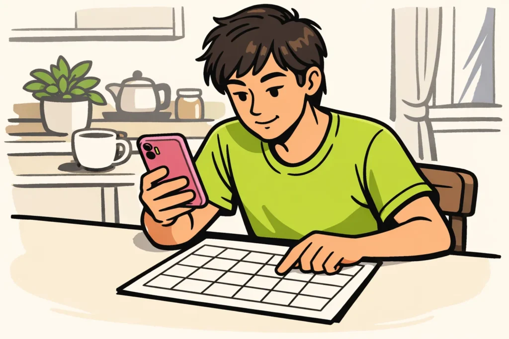 Persoon met een smartphone die een geboortedatum controleert aan de hand van een kalender.