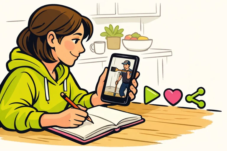 Persoon bekijkt een korte video op een telefoon en maakt aantekeningen naast symbolen voor weergaven, likes en delen.