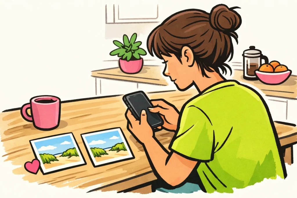 Illustratie van iemand die instellingen op een telefoon bekijkt, met twee fotokaartjes op tafel.
