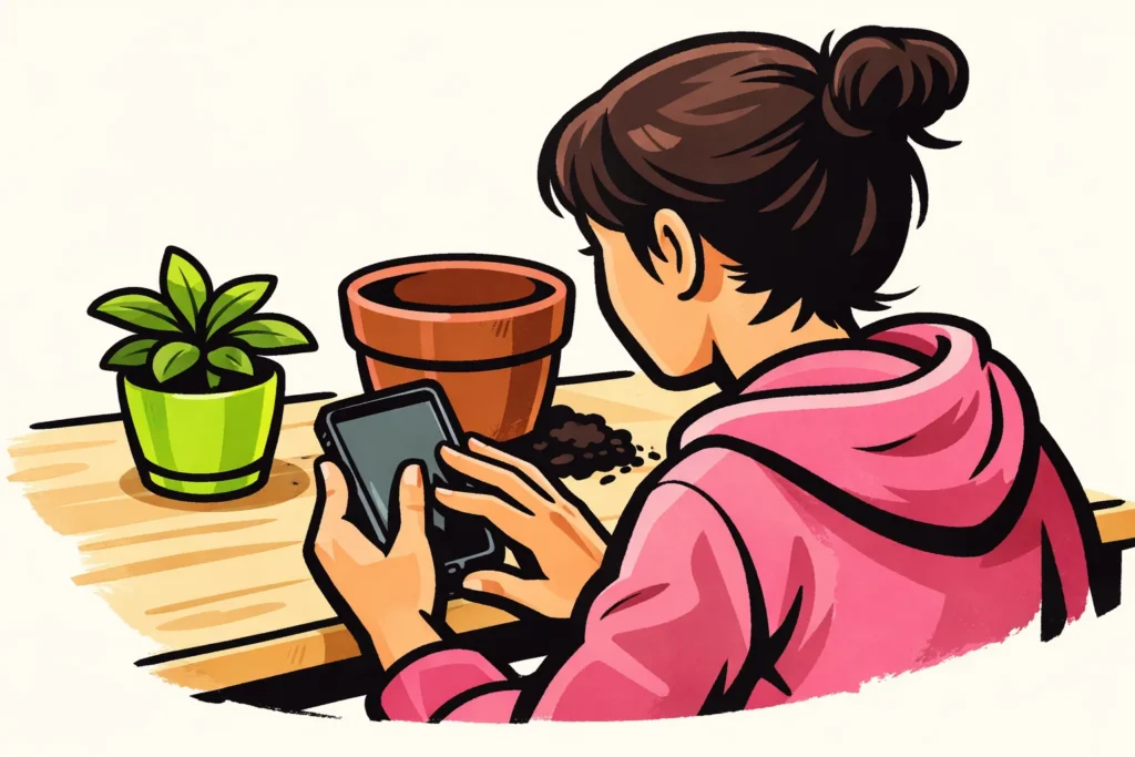 Persoon bewerkt op een telefoon een video over het verpotten van een kamerplant.