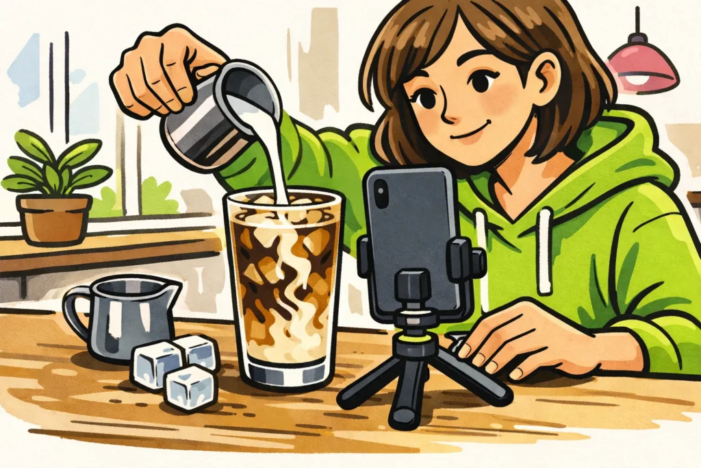 Een persoon filmt met een smartphone hoe melk in een glas ijskoffie wordt geschonken voor een Instagram Reel.