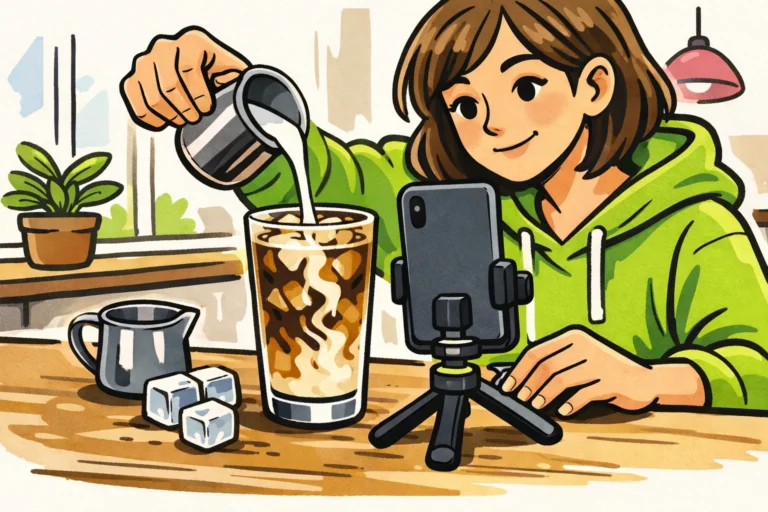 Een persoon filmt met een smartphone hoe melk in een glas ijskoffie wordt geschonken voor een Instagram Reel.