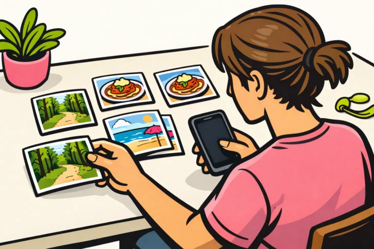 Persoon met een smartphone sorteert foto's van uitstapjes en eten voor Instagram hoogtepunten.