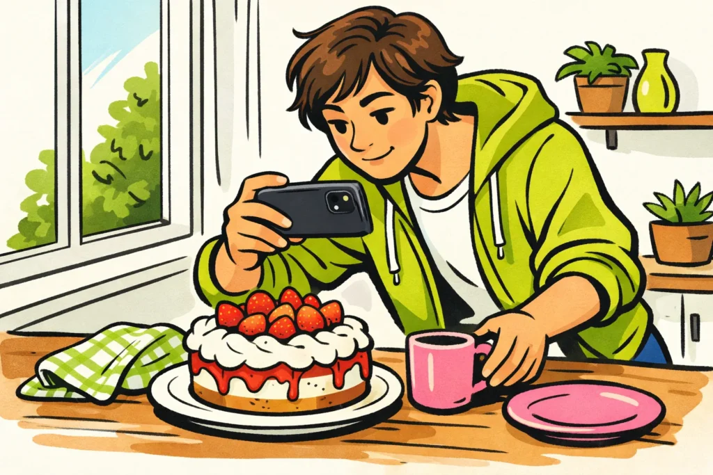 Persoon fotografeert een zelfgebakken taart met een telefoon en maakt de achtergrond rustig.