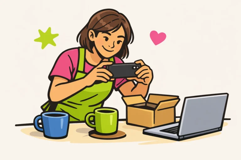 Winkelier maakt met een smartphone een productfoto van een mok voor de Instagram Shop.