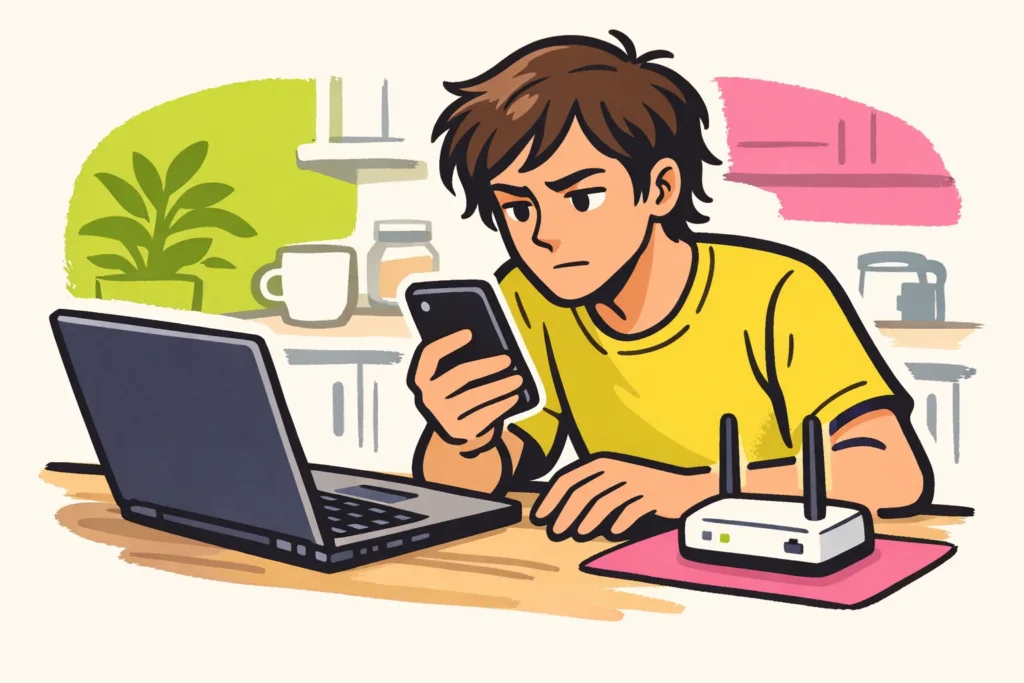 Persoon controleert een smartphone naast een laptop en router om een probleem met Instagram te onderzoeken.