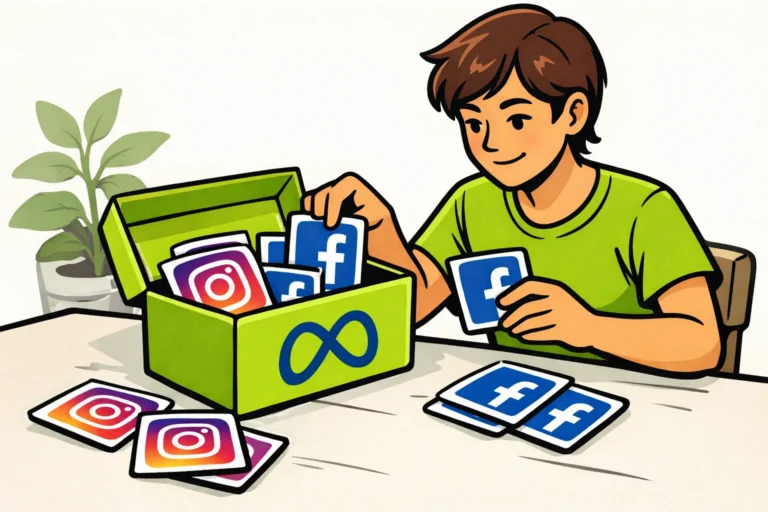 Persoon sorteert kaarten met Instagram en Facebook symbolen in een doos met het Meta symbool.