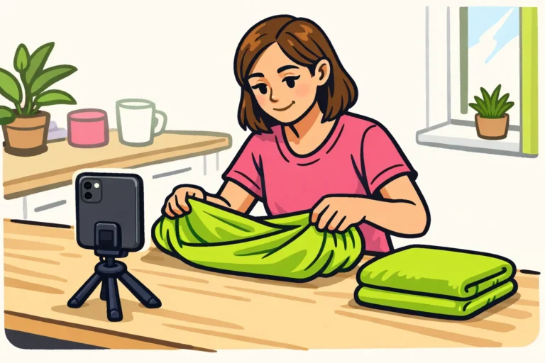 Persoon filmt met een telefoon op statief hoe je een hoeslaken opvouwt voor een korte TikTok video.