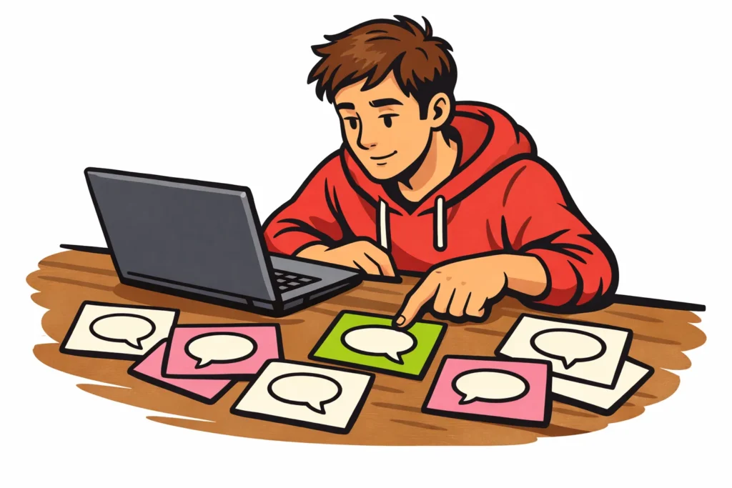 Illustratie van iemand bij een laptop die één reactie aanwijst tussen losse kaarten met praatwolkjes.